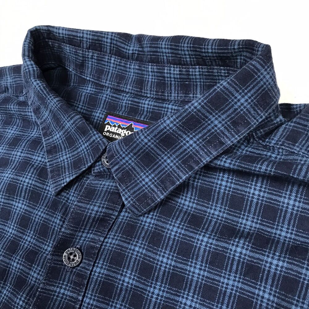 PATAGONIA Fjord Flannel Shirt Men L Blue Plaid GORP Organic Cotton Preppy - Picture 3 of 13
